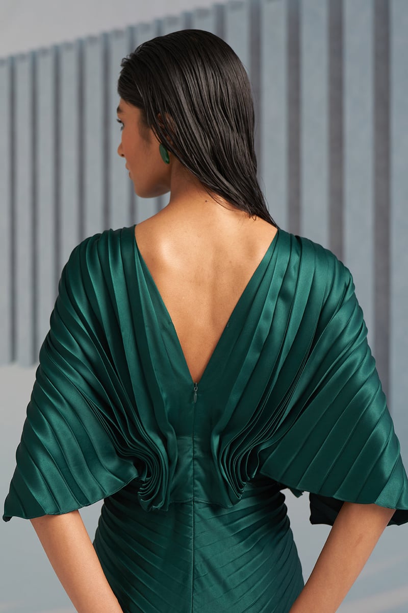 Green Pleated Maxi Gown with V-Neck and Front Slit