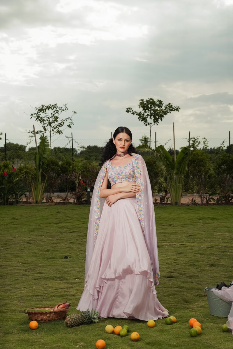Pink Embroidered Lehenga Set with Tiered Skirt