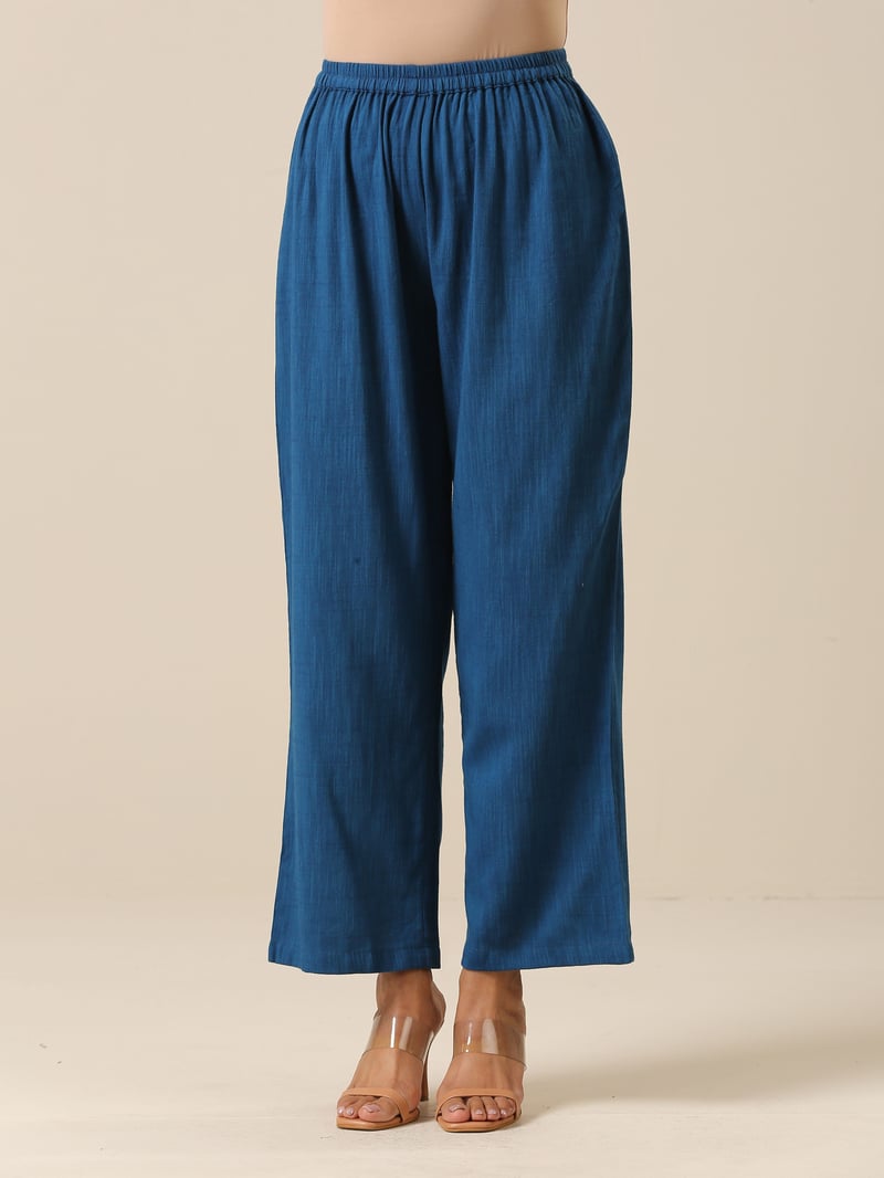 Classic Blue Slub Overlap Pleat Kurta Pant Set