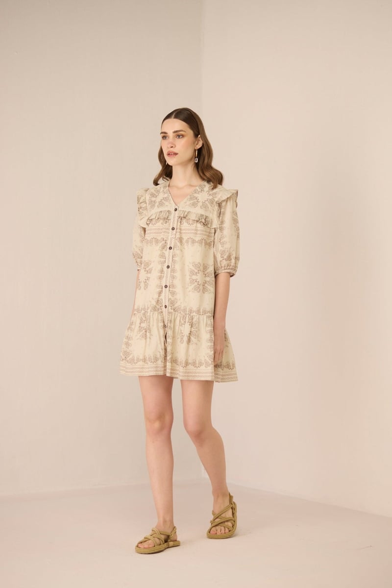 Paisley Brown Cotton A-Line Mini Dress with Ruffle Yoke