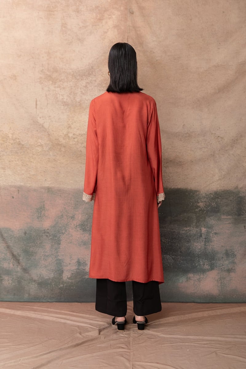 Rust Asymmetric Long Muslin Kurta with Lace Cuffs