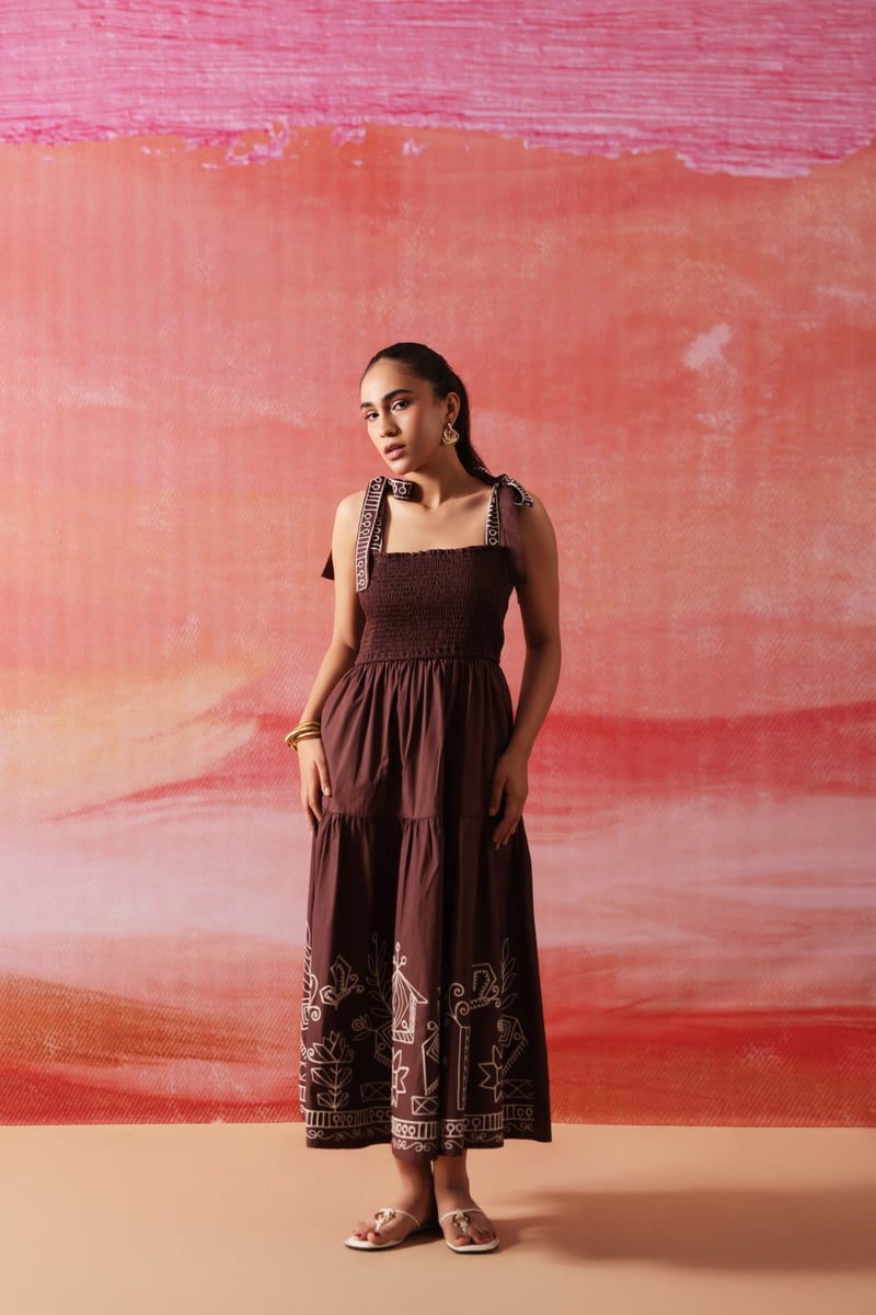 Brown Smocked Tiered Midi Dress with Embroidered Hem