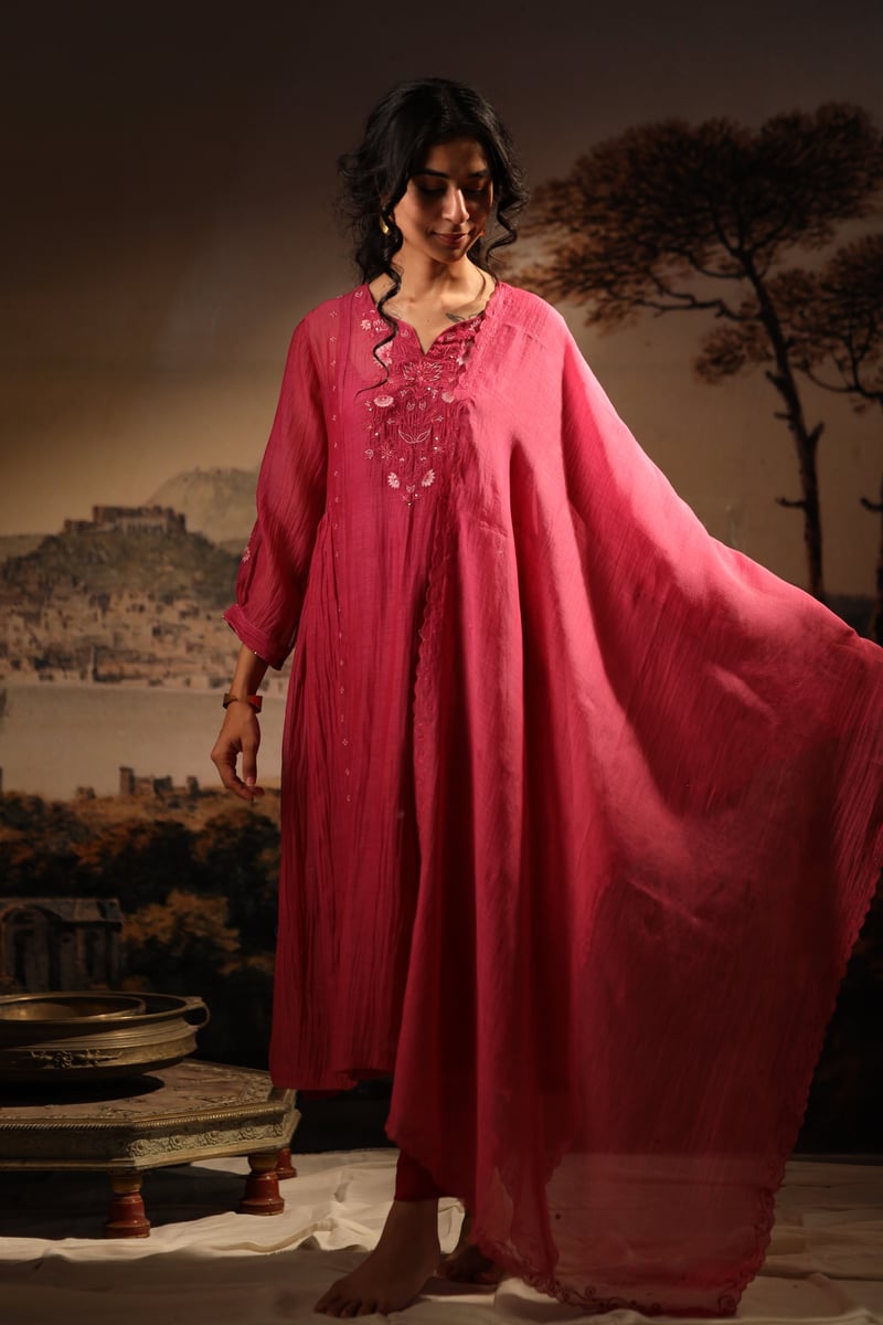 Hot Pink Embroidered Yoke Kurta Set with Pants and Slip
