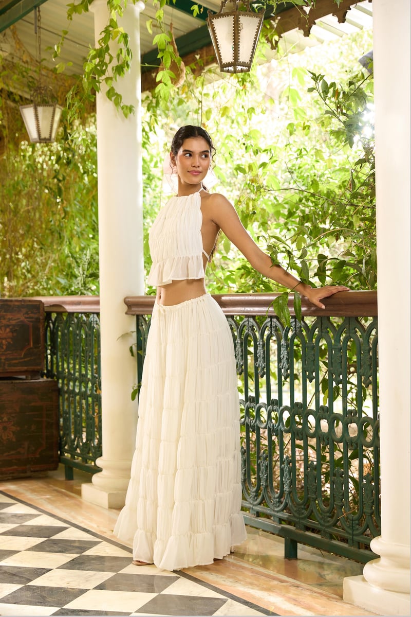 White Halter Neck Top and Tiered Maxi Skirt Co-ord Set