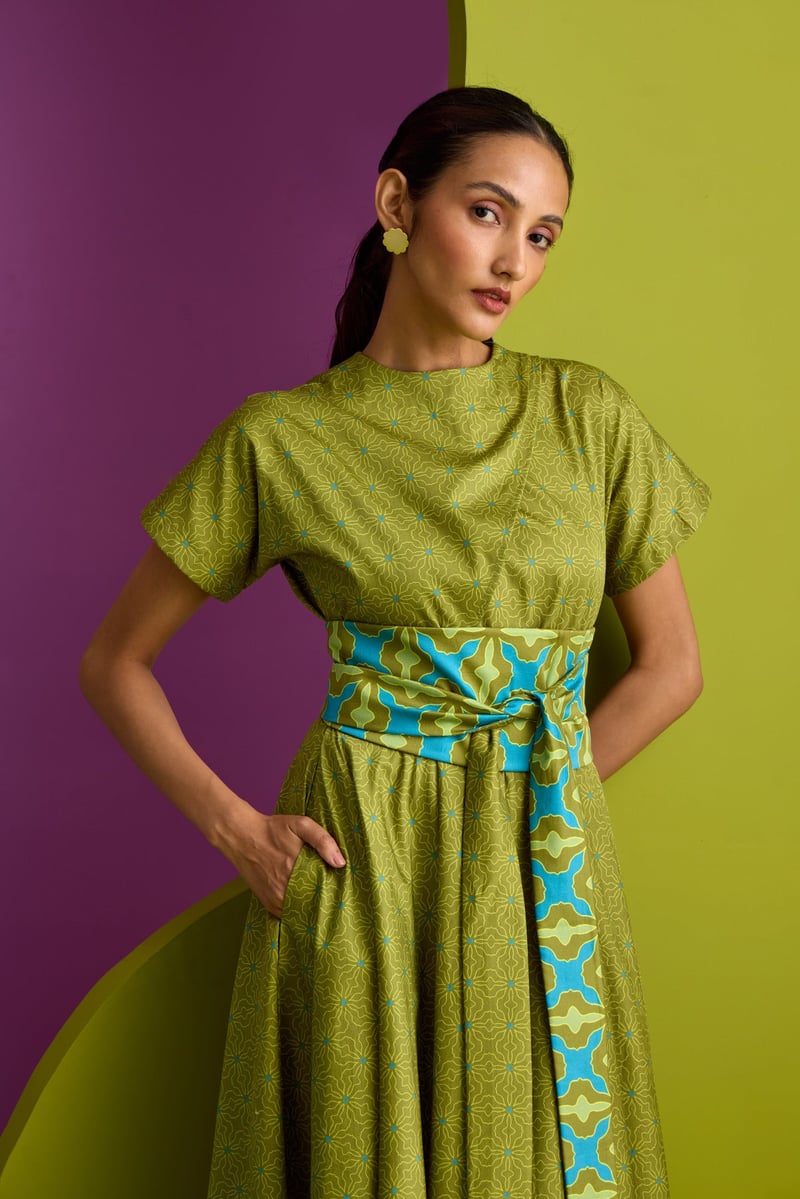 Olive Green Printed Midi Dress with Obi Belt