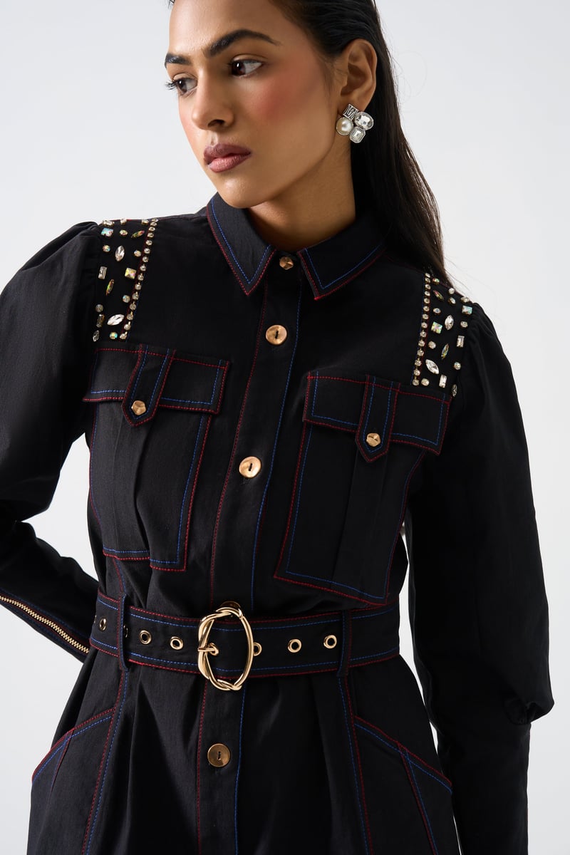 Black Embellished Shirt Dress with Belt