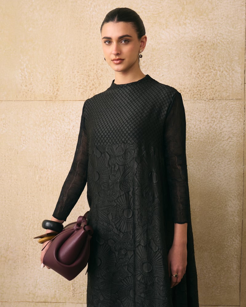 Black Textured A-Line Knee-Length Dress with Sheer Sleeves