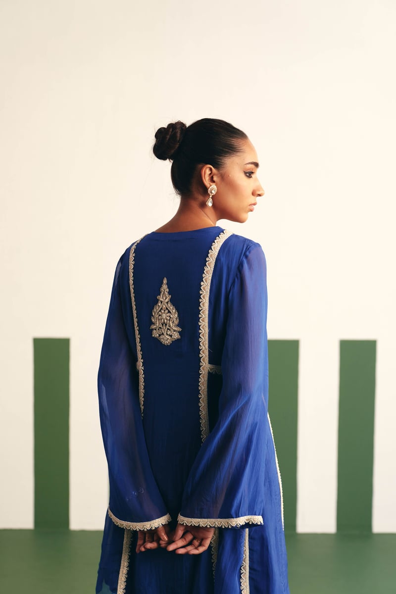Cobalt Blue Embroidered Peplum Kurta Sharara Set