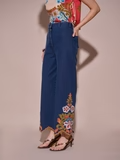 Blue High-Rise Wide-Leg Jeans with Hem Embroidery