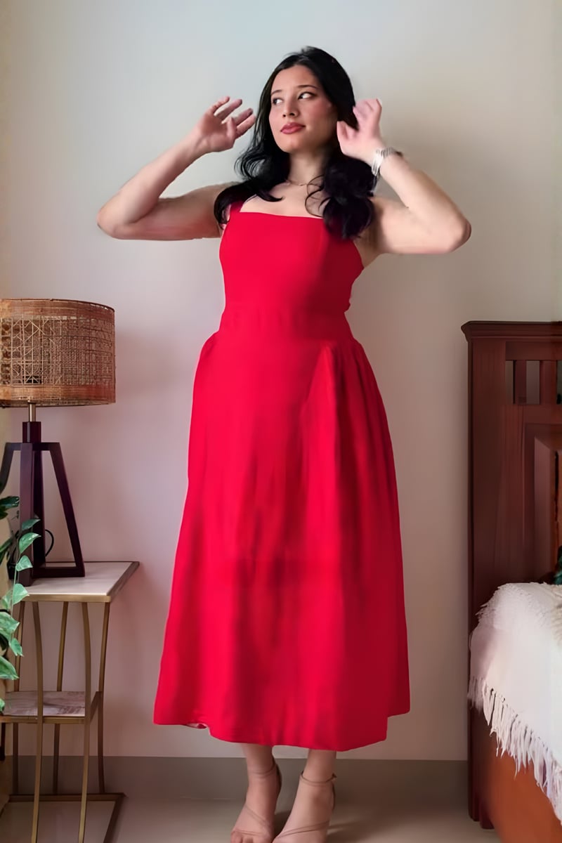 Red Linen Drop-Waist Gathered Midi Dress — The Good Rebel