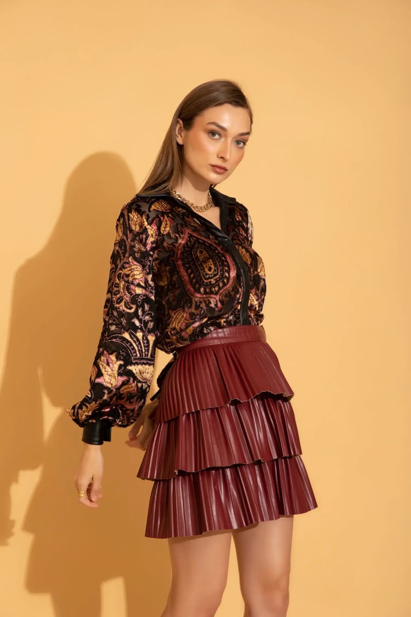 Black Printed Velvet Brasso Shirt with Contrast Trim