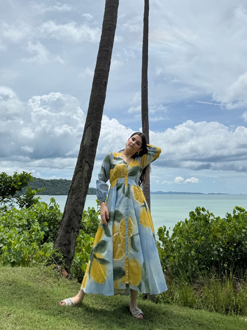 Blue Citrus Print Cotton Fit and Flare Maxi Dress