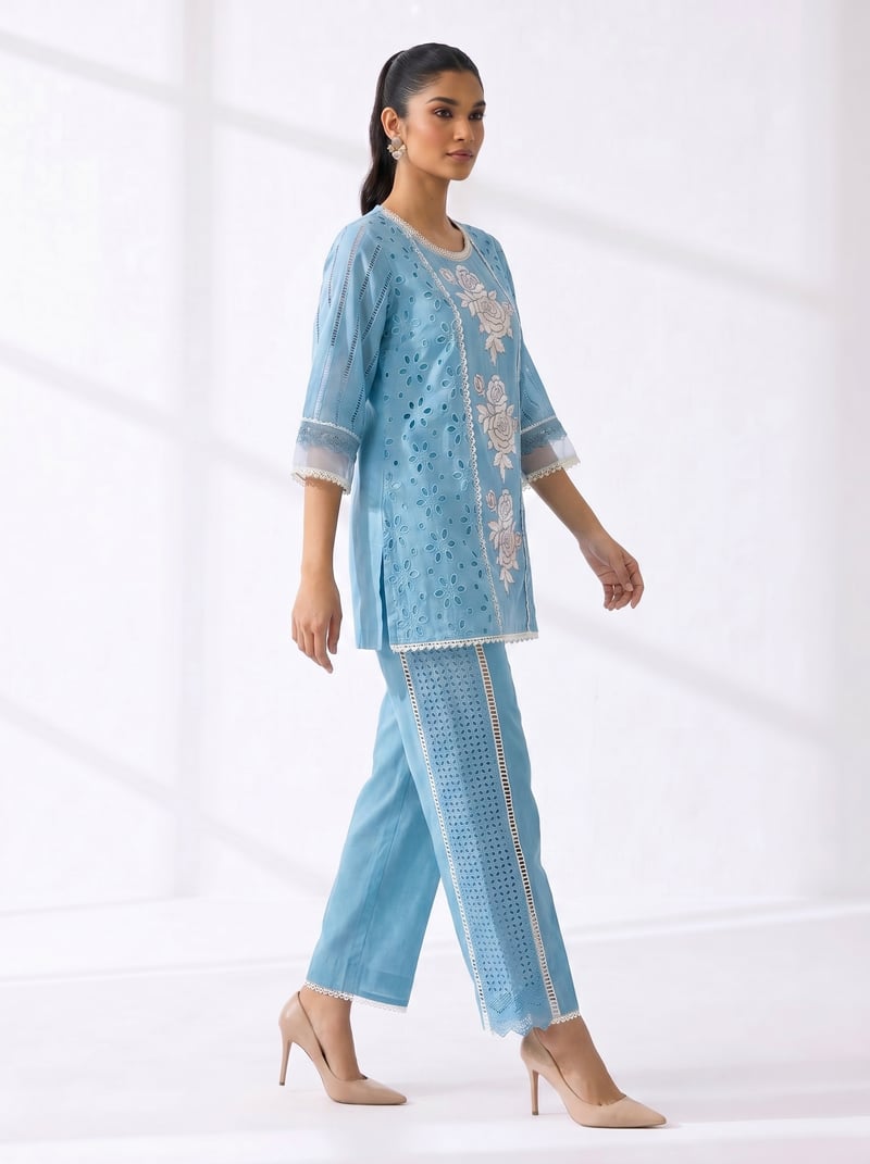Blue Linen Embroidered Straight Kurta Pant Set