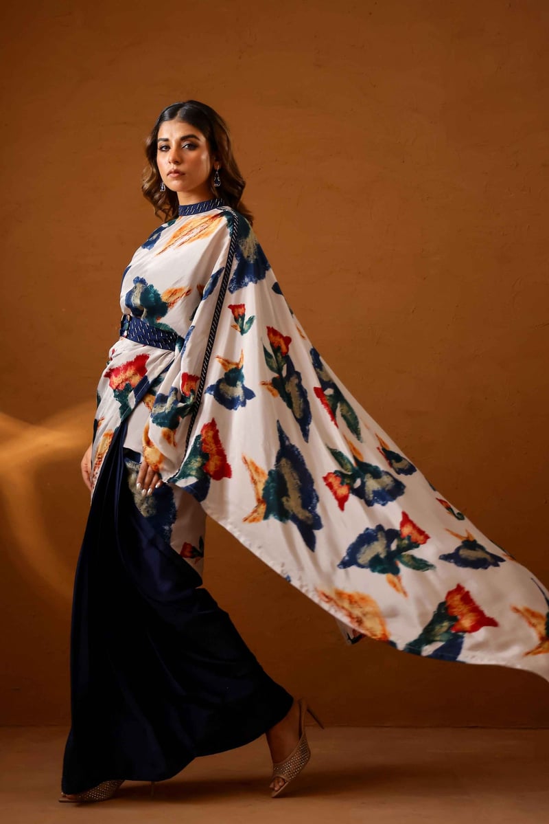 Multicolor Abstract Printed Draped Saree Set with Belt
