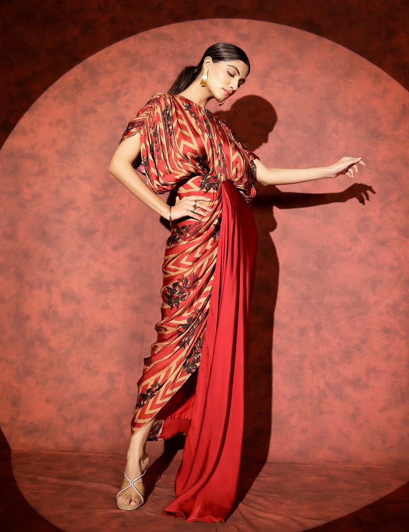 Red Printed Draped Maxi Gown with Contrast Drape