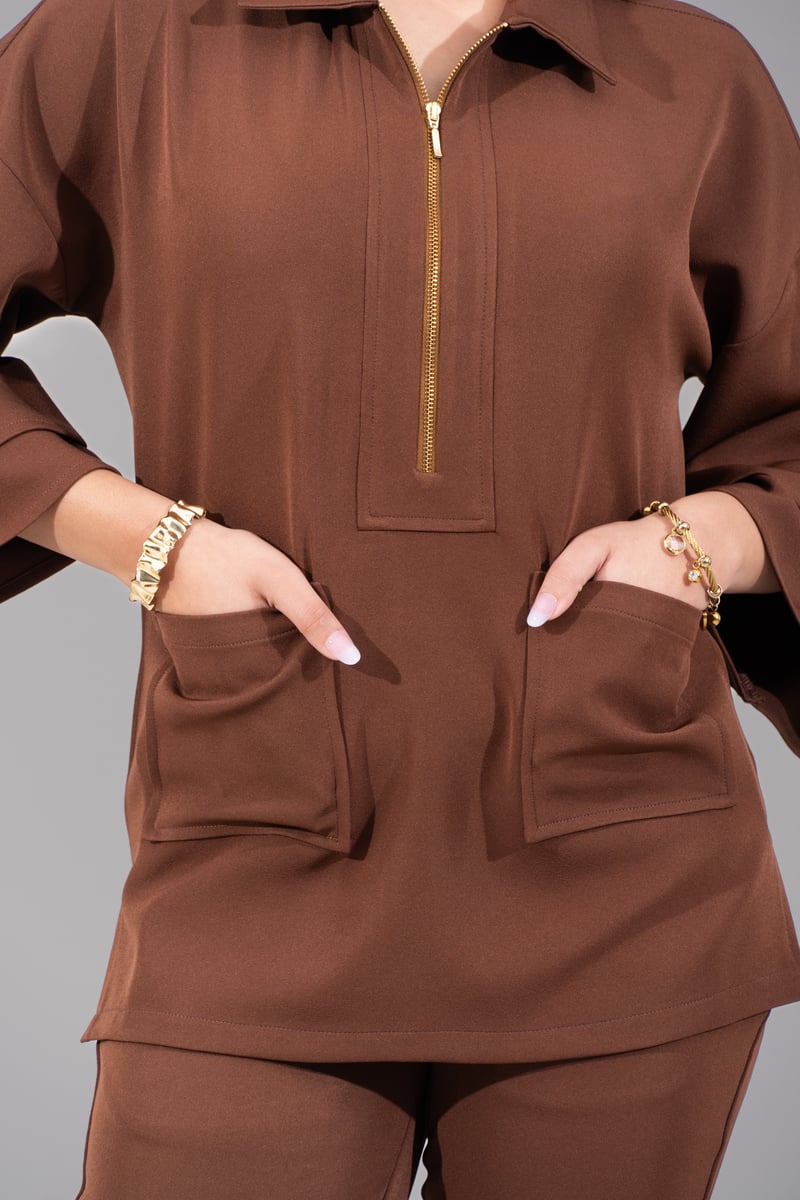 Brown Banana Crepe Half-Zip Co-ord Set with Bell-Bottoms