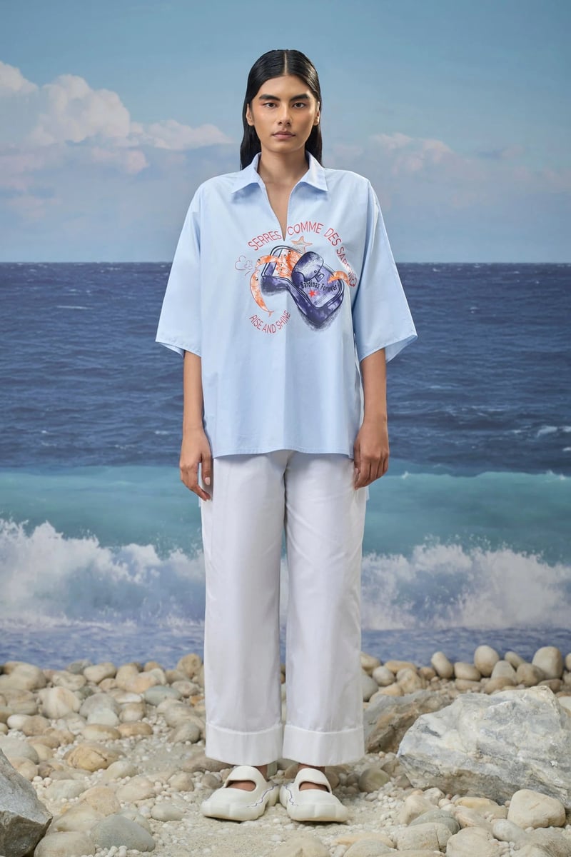 Oversized Polo-Collar Shirt - Light Blue
