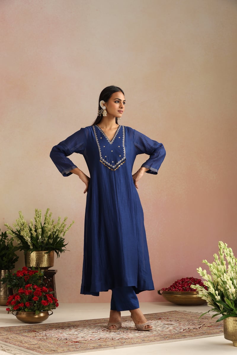 Royal Blue Silk Chanderi Embroidered Kurta Set