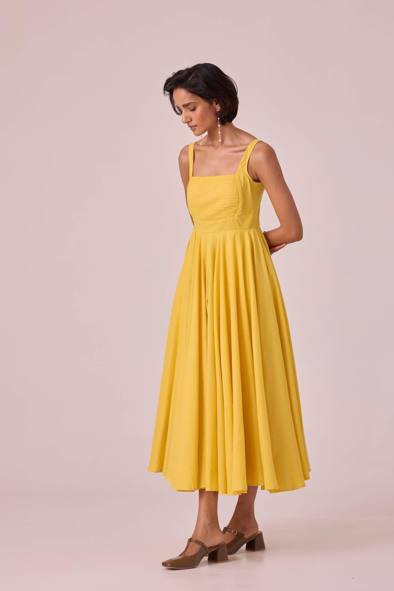 Yellow Fit and Flare Square Neck Midi Dress