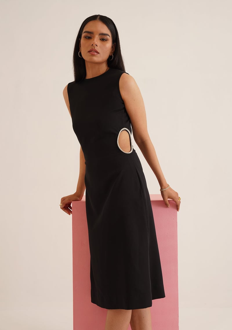 Black Bodycon Midi Dress with Rhinestone Waist Cut-Outs