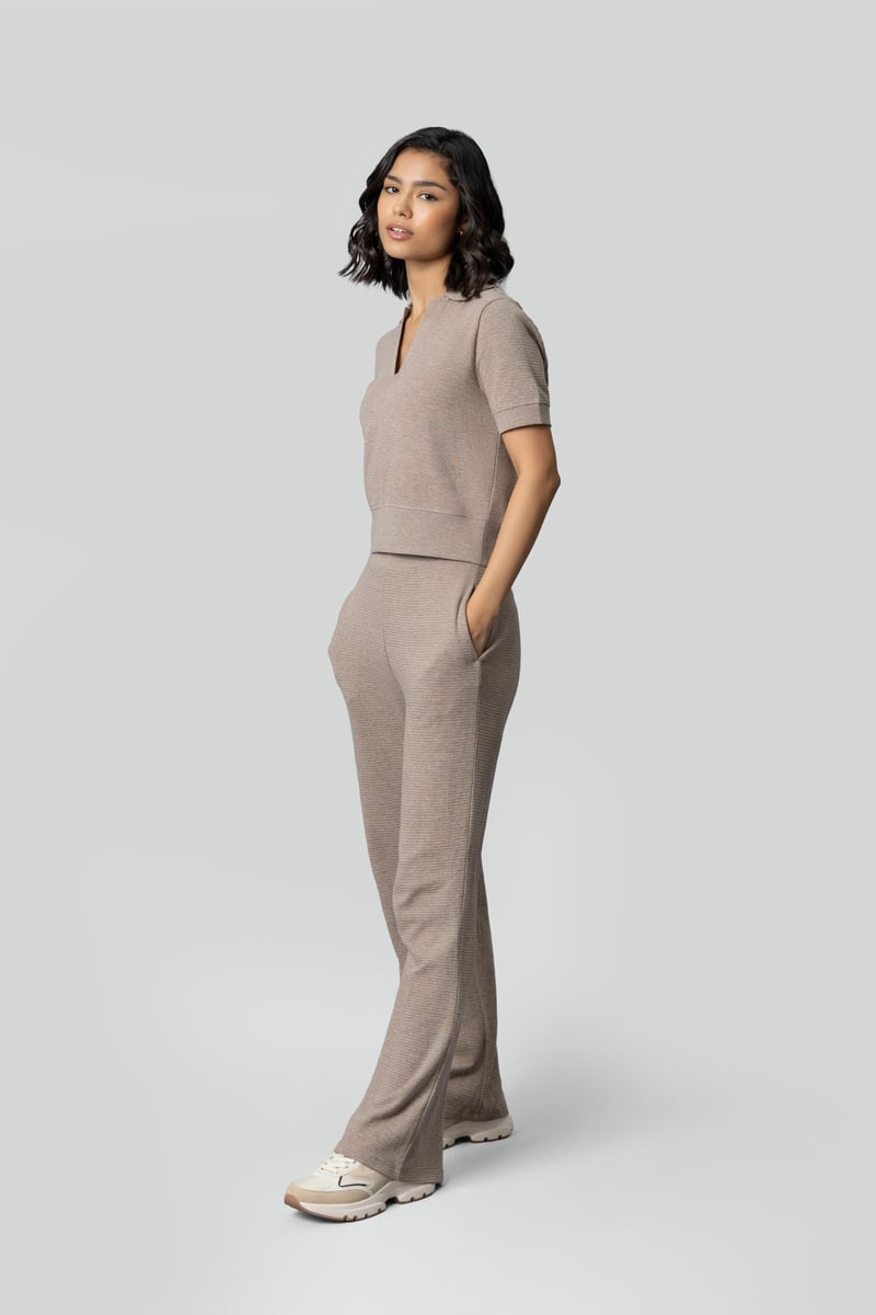 Beige Ottoman Rib Flared Lounge Pants