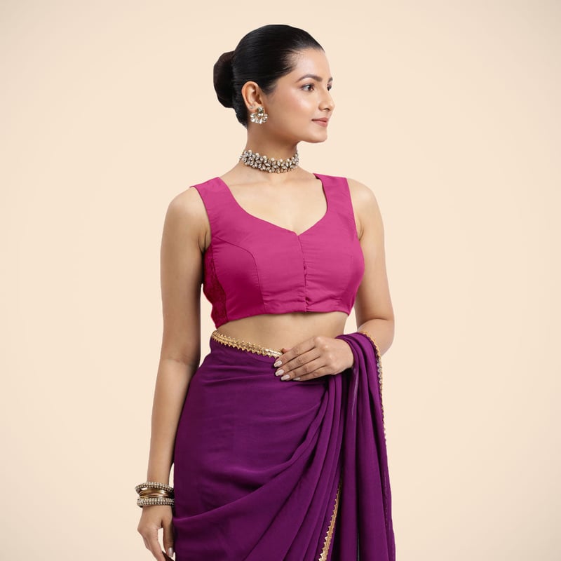 Hot Pink Sleeveless Saree Blouse with Curved V-Neck