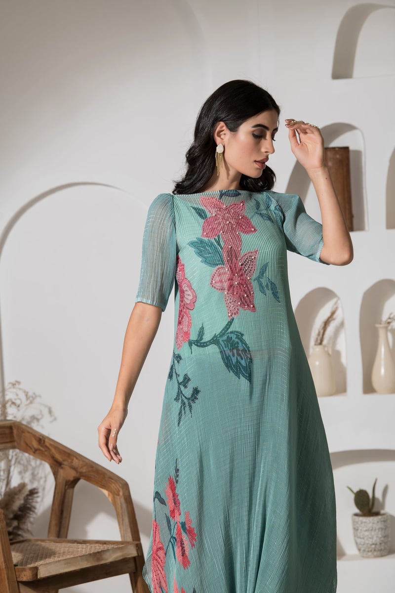 Green Floral Lurex Kaftan Kurta Set with Palazzo