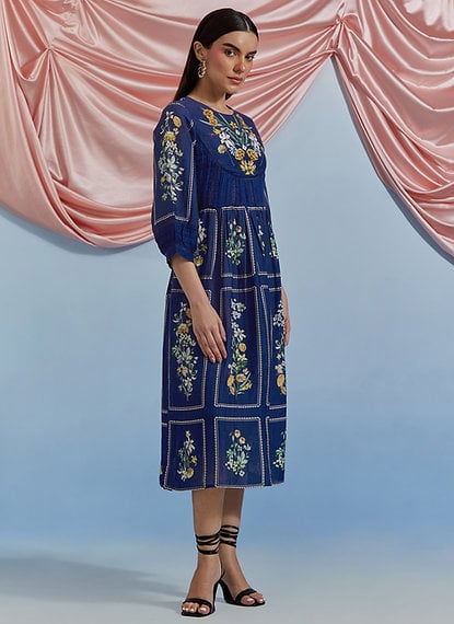 Cobalt Blue Floral Printed Fit and Flare Midi Dress