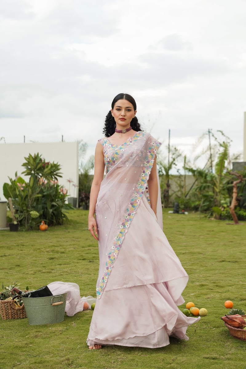 Pink Embroidered Lehenga Set with Tiered Skirt