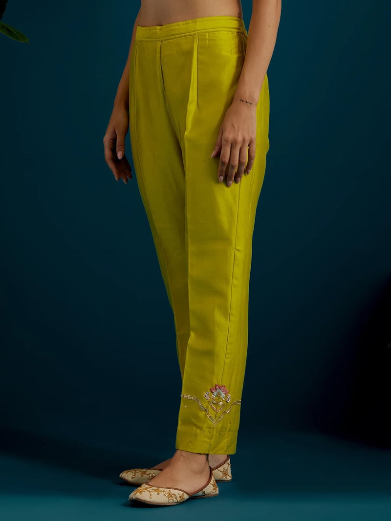 Lime Green Embroidered Yoke Kurta Set with Pants