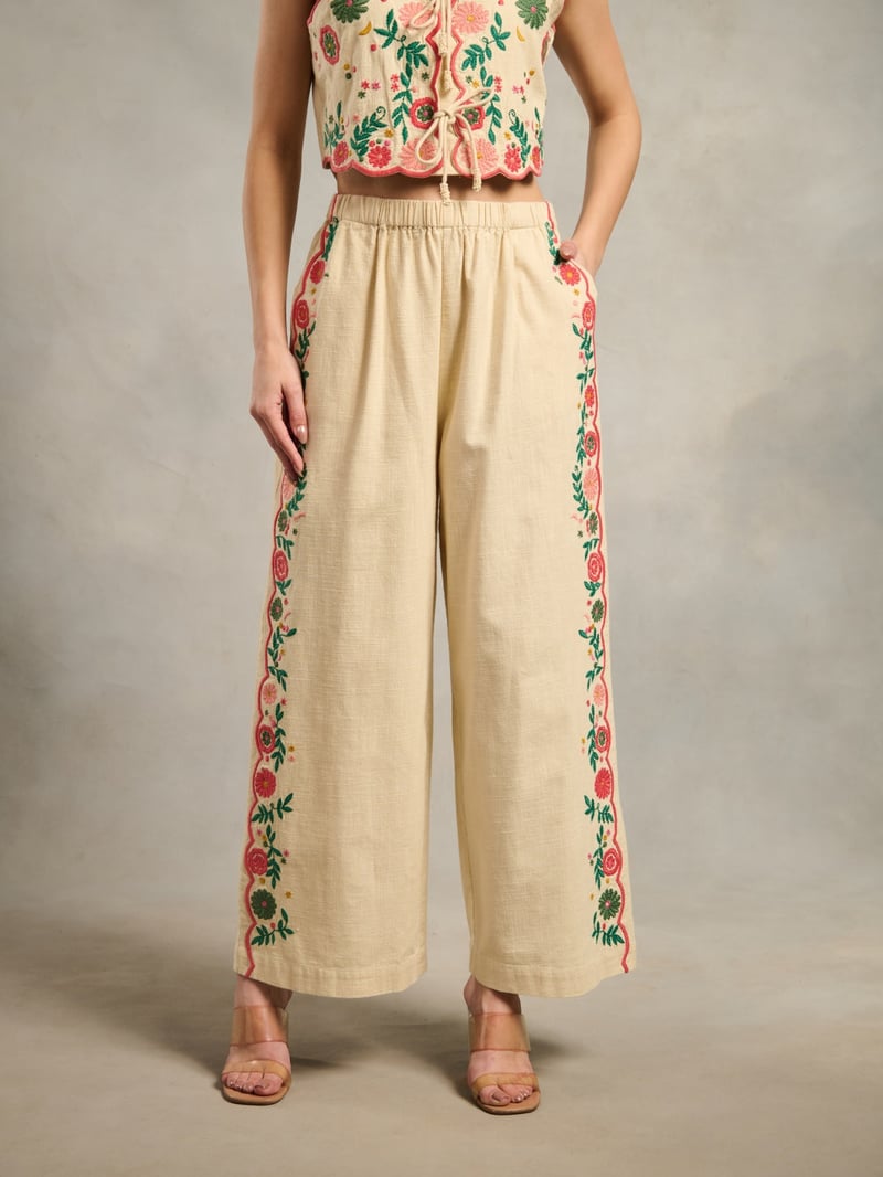 Pink Cotton Wide-Leg Embroidered Pants