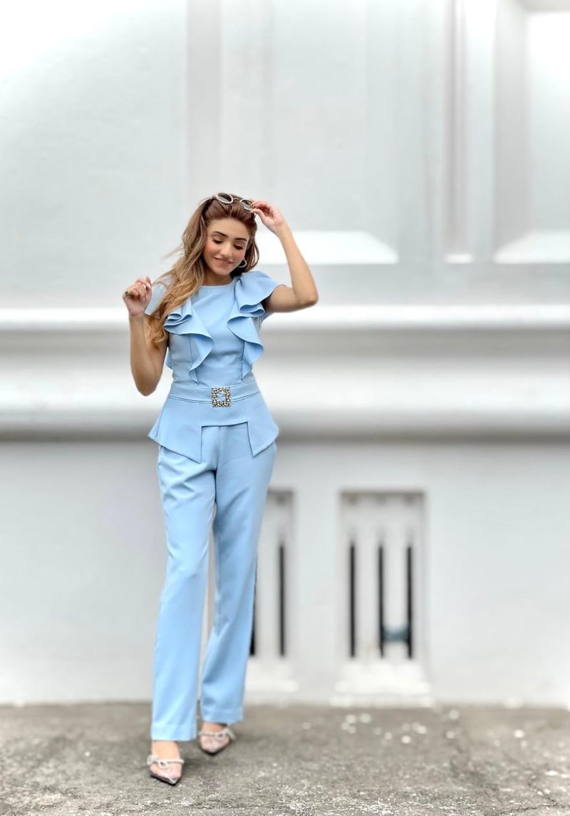 Ice Blue Ruffle Peplum Co-ord Set with Straight Pants
