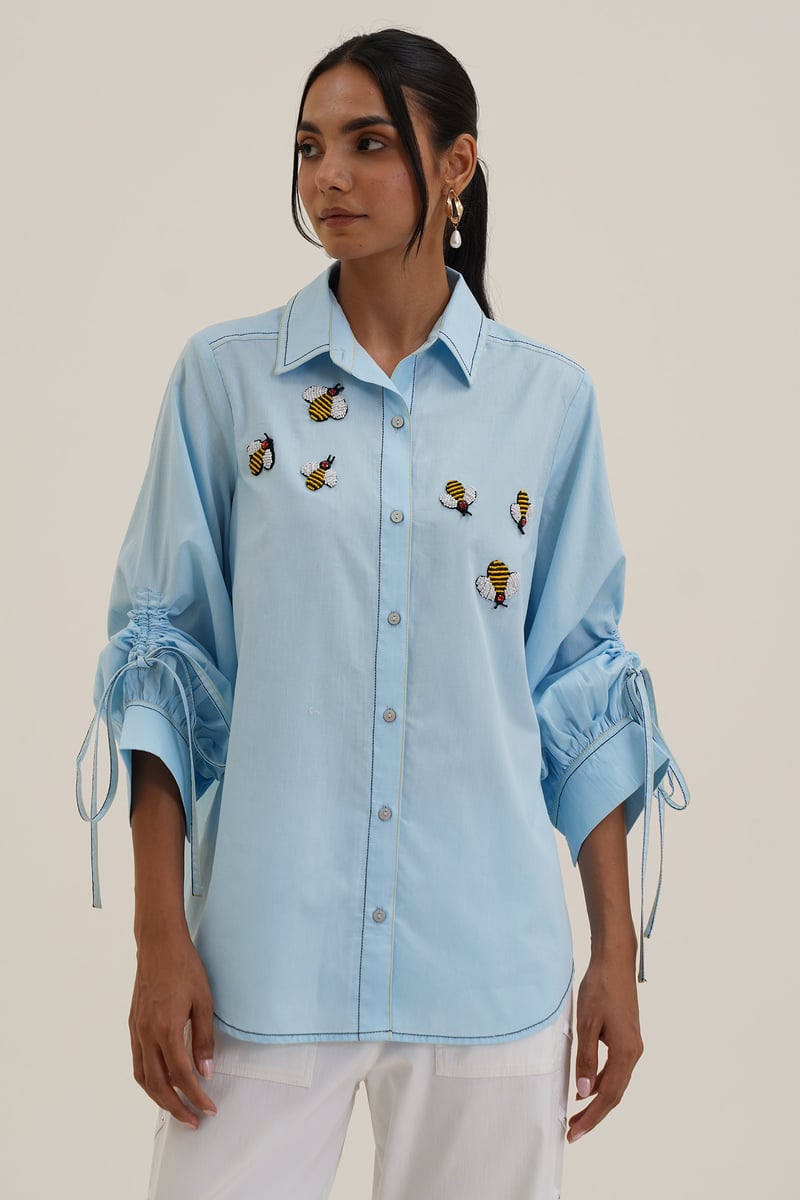 Powder Blue Cotton Shirt with Honey Bee Patch Motifs