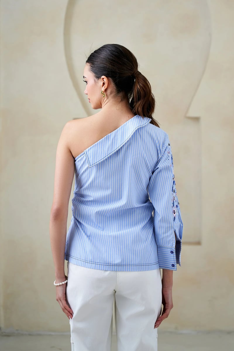 Blue One-Shoulder Striped Cotton Top with Sequin Sleeve