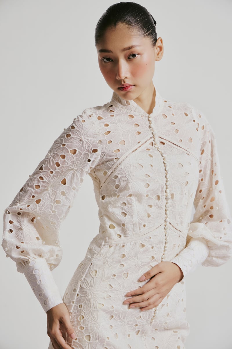 White Lace Mini Dress with Pearl Button Front