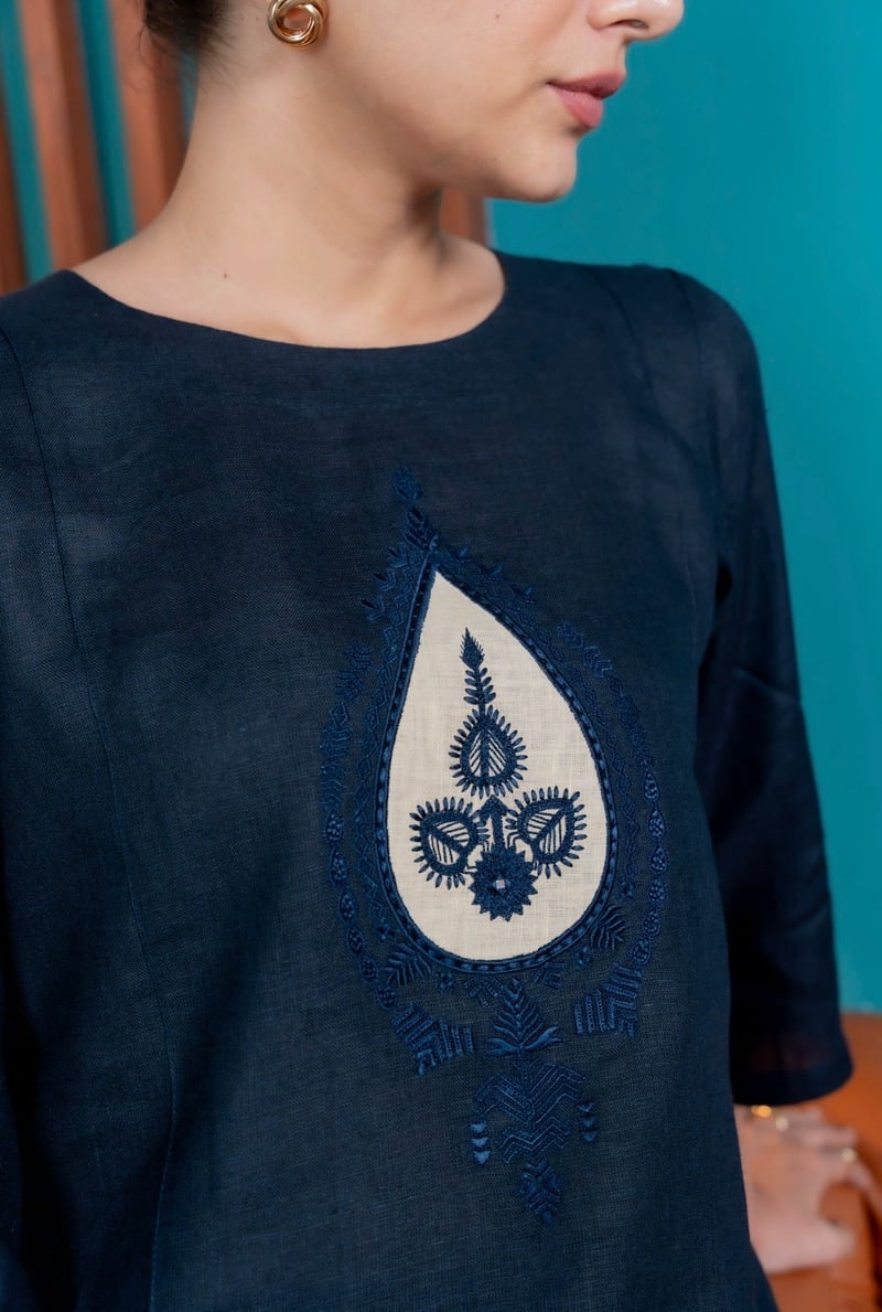 Dark Blue Linen Straight Kurta Set with Tonal Motif