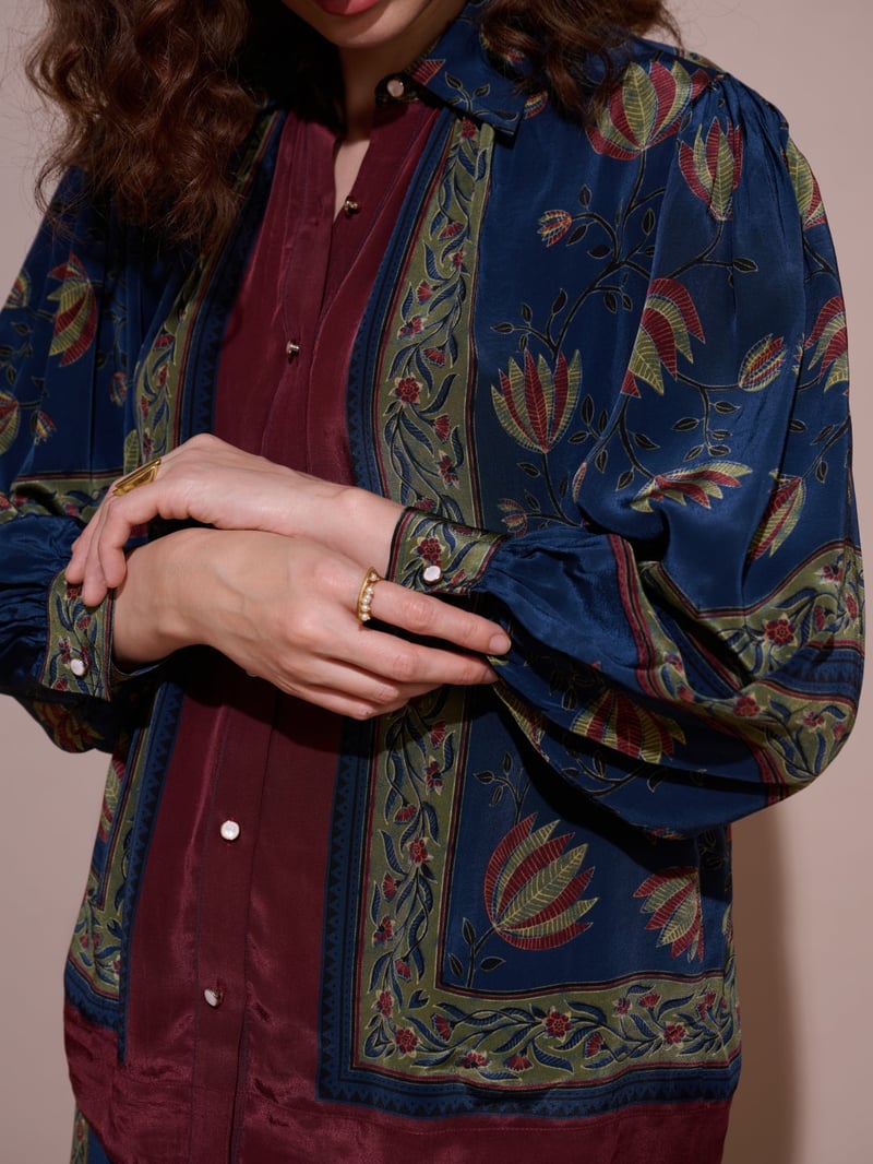Blue Printed Mandarin Collar Button-Down Blouse