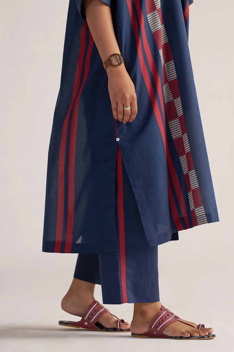 Navy Blue Printed Kaftaan Co-ord Set with Wide-Leg Pants
