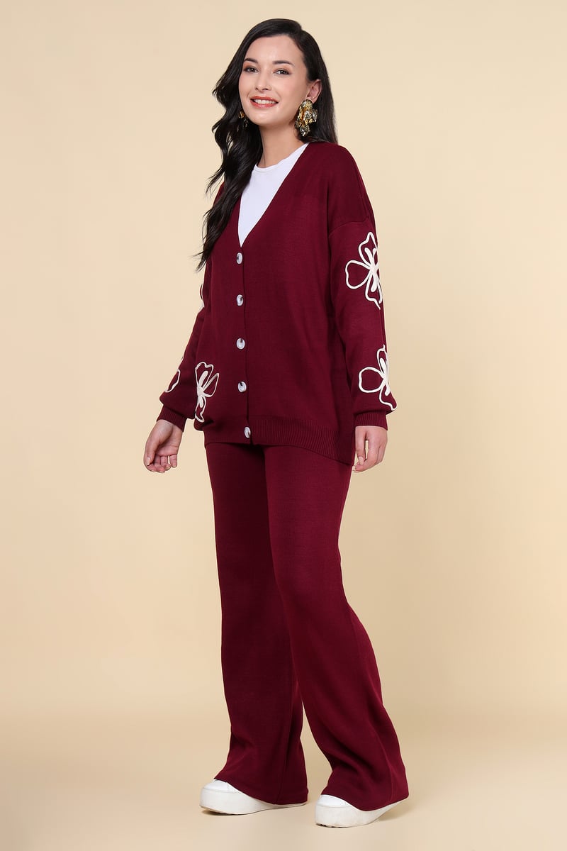 Burgundy Knit Cardigan and Wide-Leg Pants Co-ord Set