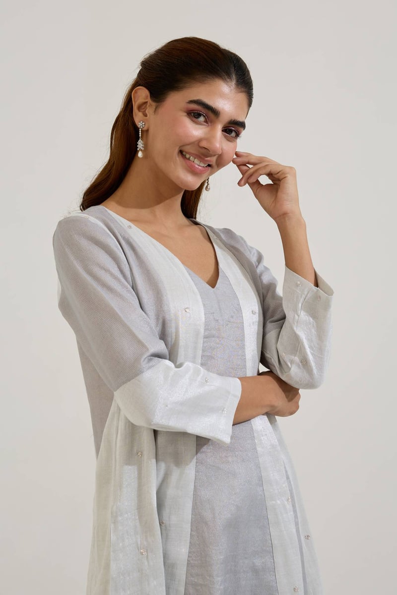 Silver Panelled Anarkali Kurta Set with Wide-Leg Pants