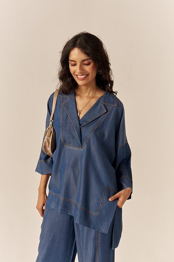Blue Lapel Shirt and Flared Pants Co-ord Set