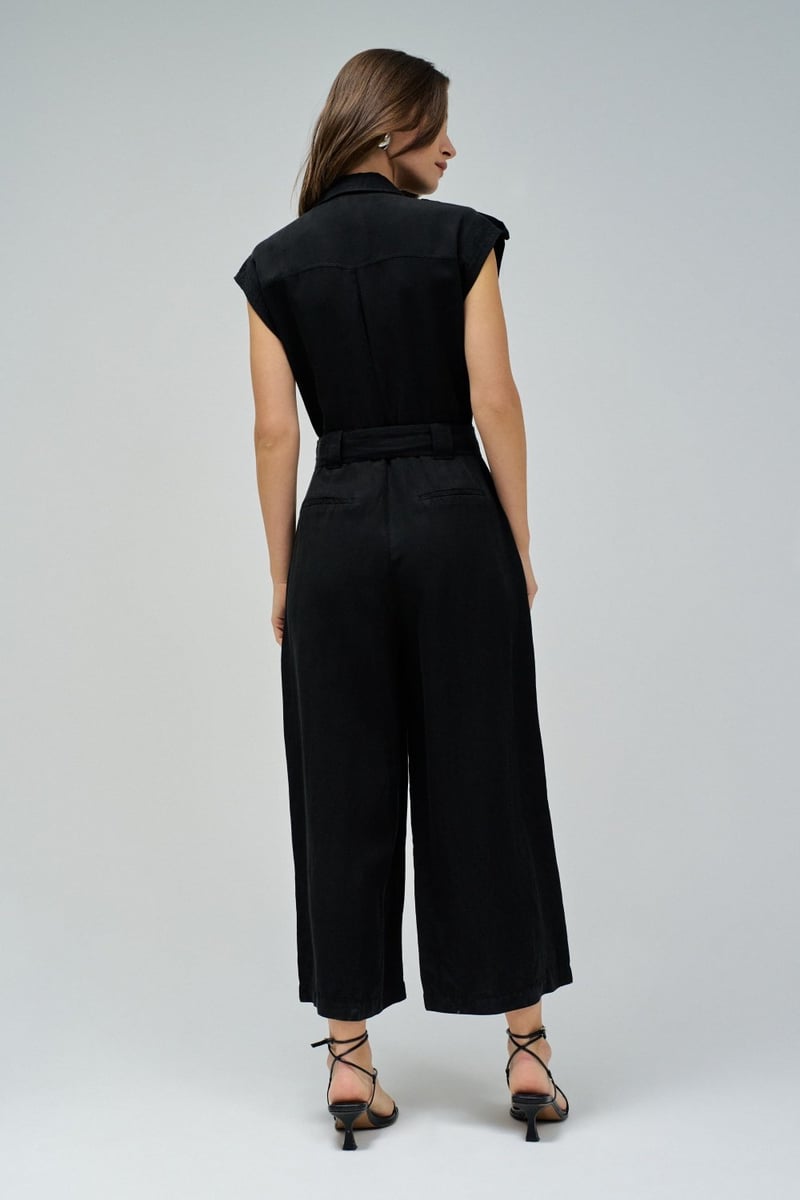 Black Belted Utility Jumpsuit with Button Front