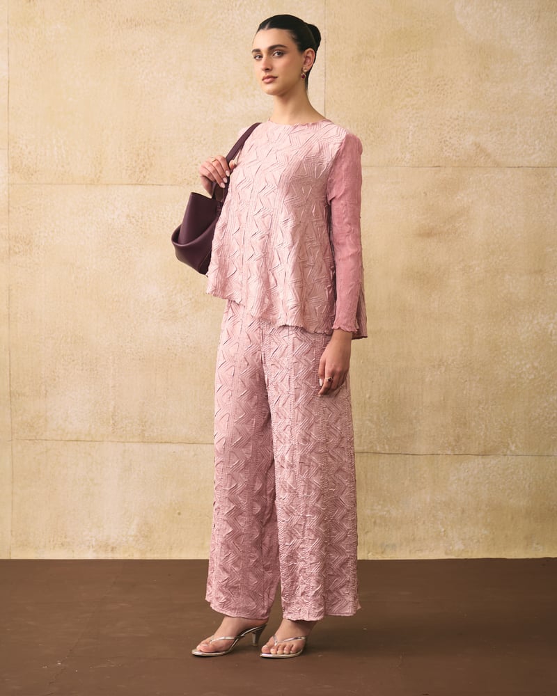 Nude Pink Textured Co-ord Set with Wide-Leg Pants