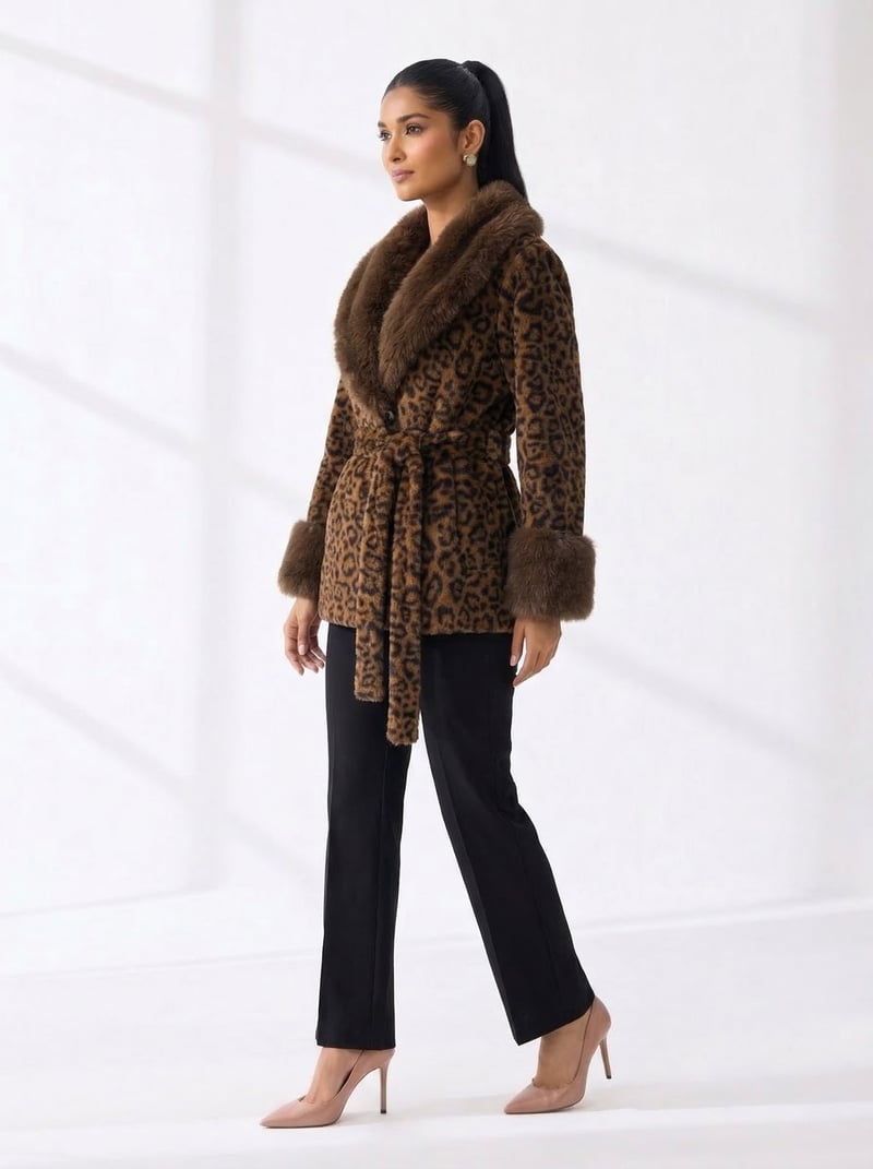 Leopard Print Faux-Fur Collar Belted Wrap Coat