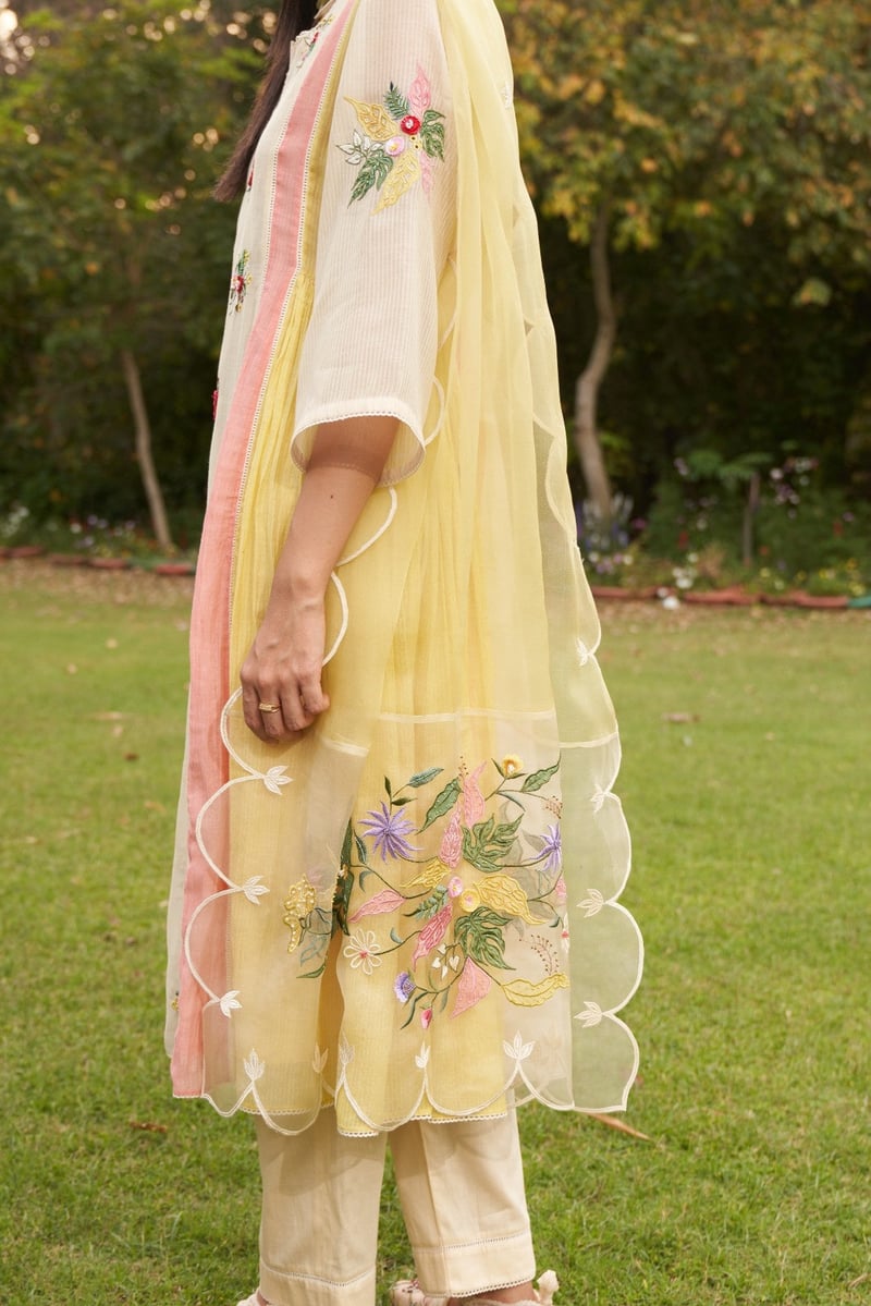Beige A-Line Embroidered Kurta Set With Organza Dupatta