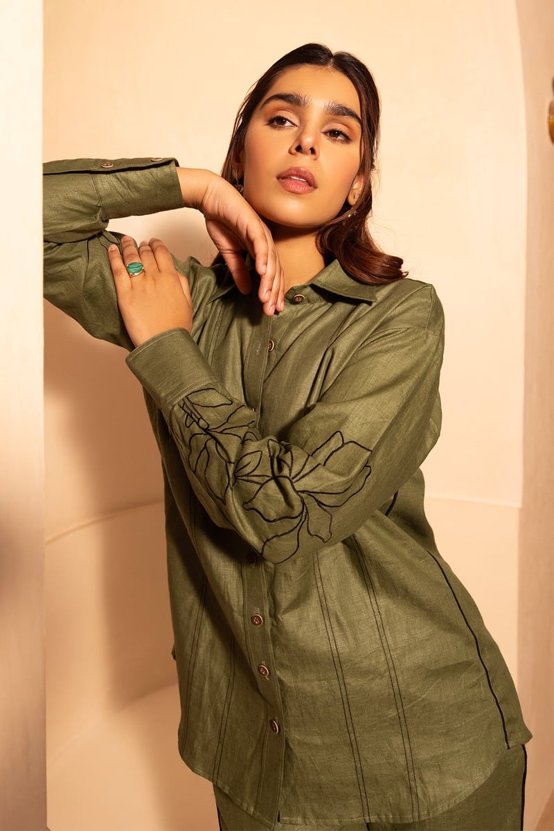 Olive Hemp Shirt and Straight Pants Co-ord Set