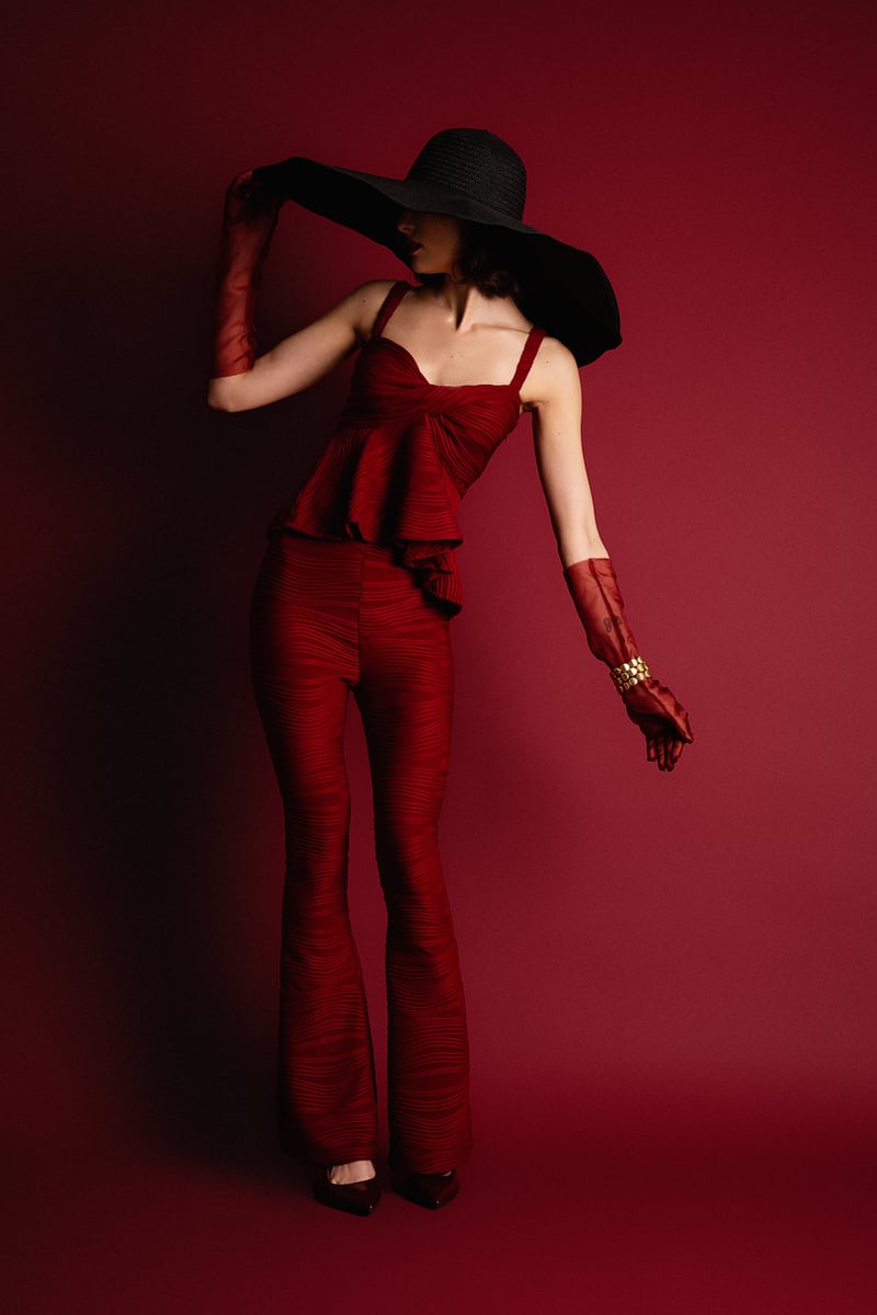 Red Plissé High-Waist Bell Bottom Pants