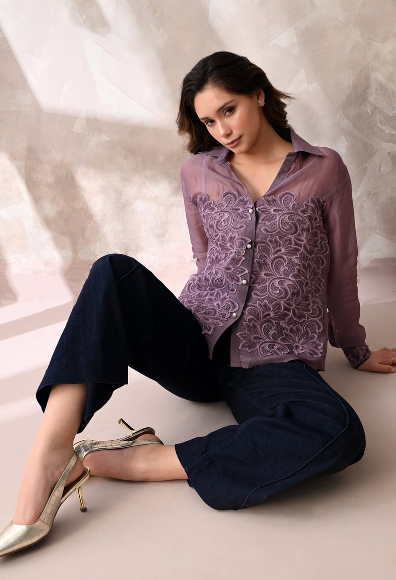 Mauve Sheer Button-Down Shirt with Tonal Floral Appliqué