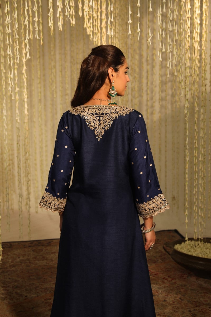 Dark Blue Silk Dupion V-Neck Choga Kurta Set with Salwar