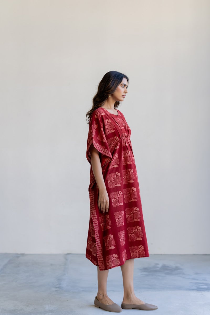 Red Hand Block Printed Cotton Midi Kaftan